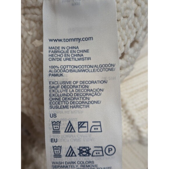 Tommy Hilfiger Ivory Diamond Open Knit Sweater sz M Pom Pom Preppy Classic - Picture 9 of 9